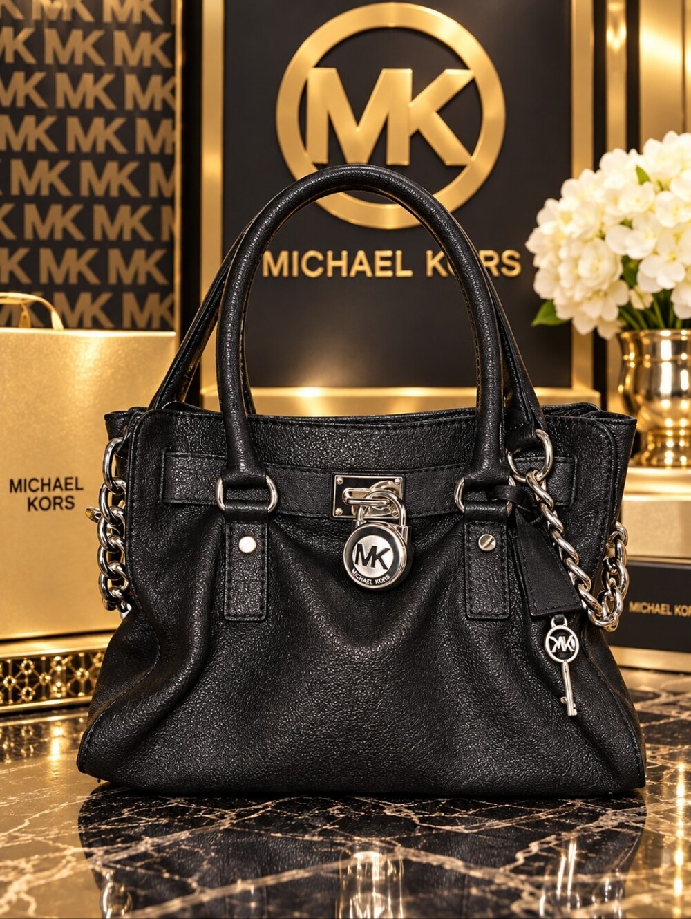 MICHAEL Michael Kors Hamilton East West Satchel In Black Pebbled Leather PLC